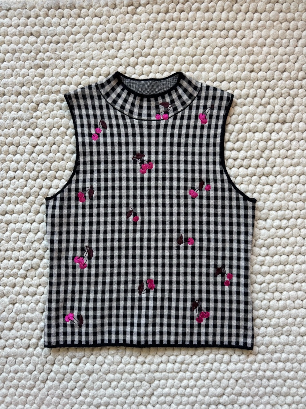 Anthropologie Black & White Gingham Sleeveless Tank with Pink Cherry Embroidery